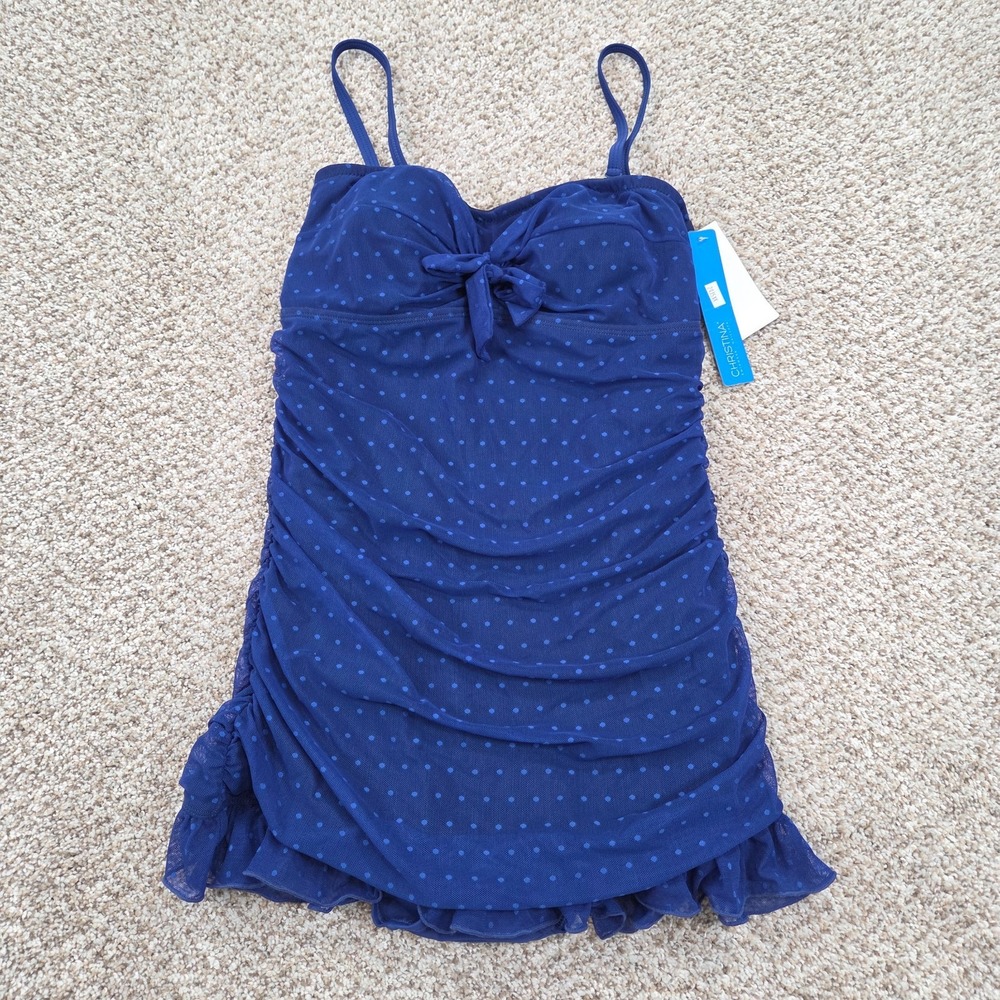 NEW Christina Swimwear Hip Minimizer One Piece Swimsuit Sz 8 Dark Blue Polkadot